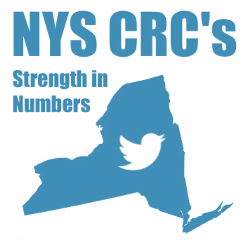 Image of new york state and the twitter bird icon in its center withe text NYC CRC's strength in numbers hashtag# add me to the list @ NYC_EDA